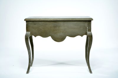 Dark grey scalloped zinc console with deep scalloped front and curved wood legs, hand-crafted in Spain, 1 in Dallas.