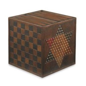 The image displays a wooden game cube cocktail or side table with six different games weighing 40 pounds It is a unique