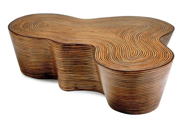 Organic striped wood coffee table with rattan strip and coco twig veneer covered in resin contemporary undulating shape available as a side