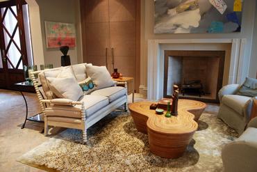 Organic striped wood coffee table with rattan strip and coco twig veneer covered in resin contemporary undulating shape available as a side