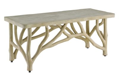 A large rectangular coffee table with a naturalistic faux bois design featuring a branch-like pattern and color variations in the concrete material