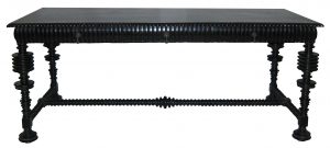 Black mahogany desk with intricate carvings and a dark finish, available in smaller size or as console table.