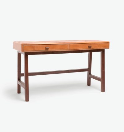 The image features a Kally Camel Leather Desk with two drawers, showcasing its tobacco finished leather base.