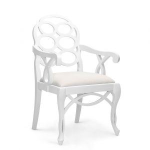 White lacquered loop dining arm chair with a linen cushion on the seat and front legs featuring pierced fretwork design.
