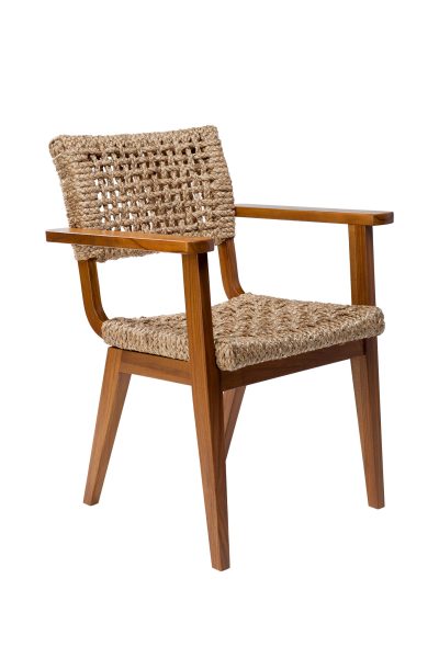 The image displays a single chair with a woven rattan seat and backrest It has a light teak finish and there are