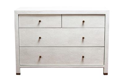White Alden dresser with brass handles, featuring a faux shagreen finish on all visible surfaces.