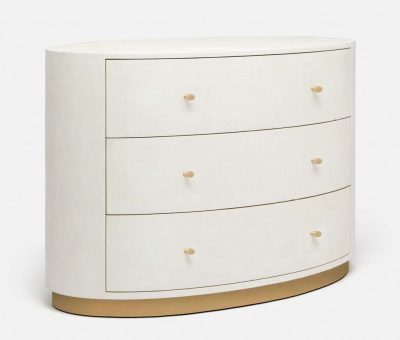 White dresser with three drawers and brass handles, set against a white background.