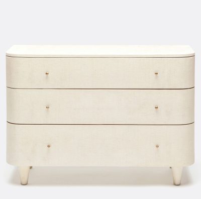Ivory faux raffia dresser with rounded corners and tapered legs, also available in seal faux raffia, as a large or small nightstand.