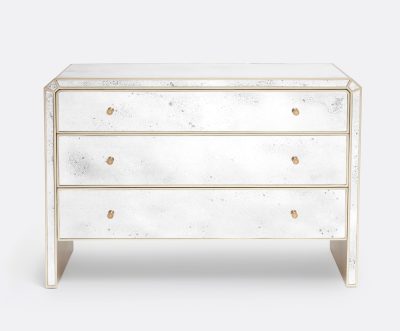 Tessa Antiqued Mirror Dresser with clipped corners in Art Deco style, featuring a Palladian silver finish and available in other styles.
