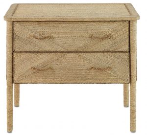 Pawley Abaca Rope Two Drawer Dresser woven straw texture on top and sides light brown color with darker brown trim two drawers