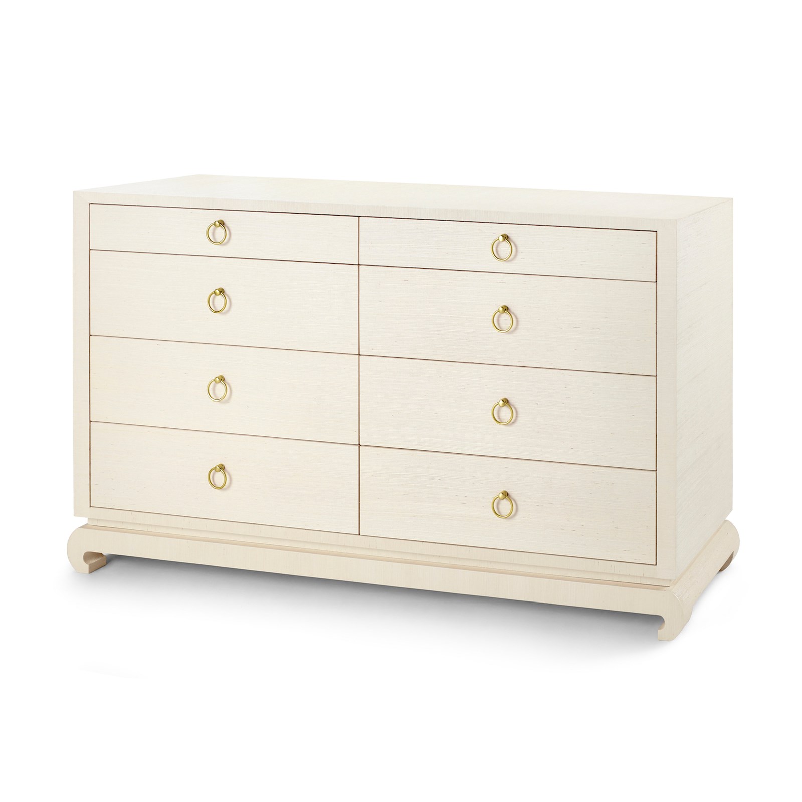 Large, light wood dresser with a natural finish and brass handles, showcasing a stained interior and soft closing glides.