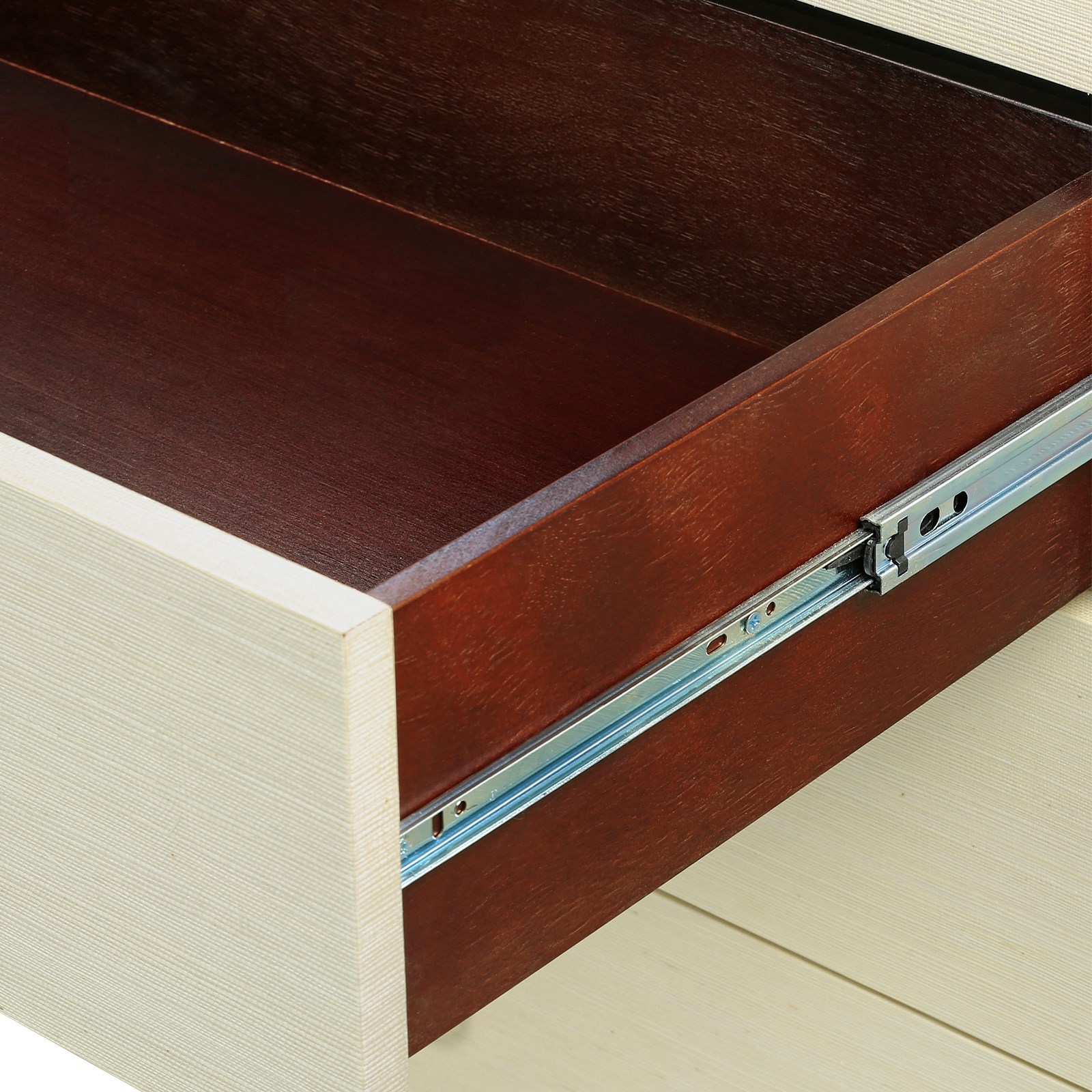 Extra large dresser with a stained interior and soft closing glides, featuring a polished brass finish ring pull.