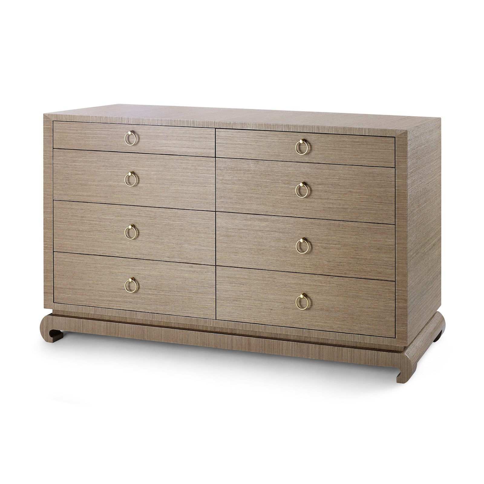 Large wooden dresser with a natural wood finish and brass handles
