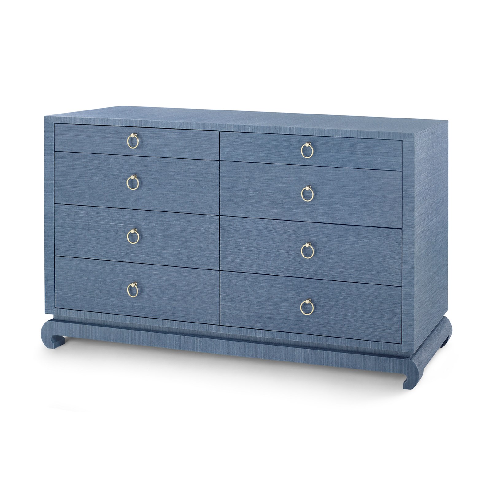 A large, blue dresser with six drawers and brass handles, displayed against a white background.