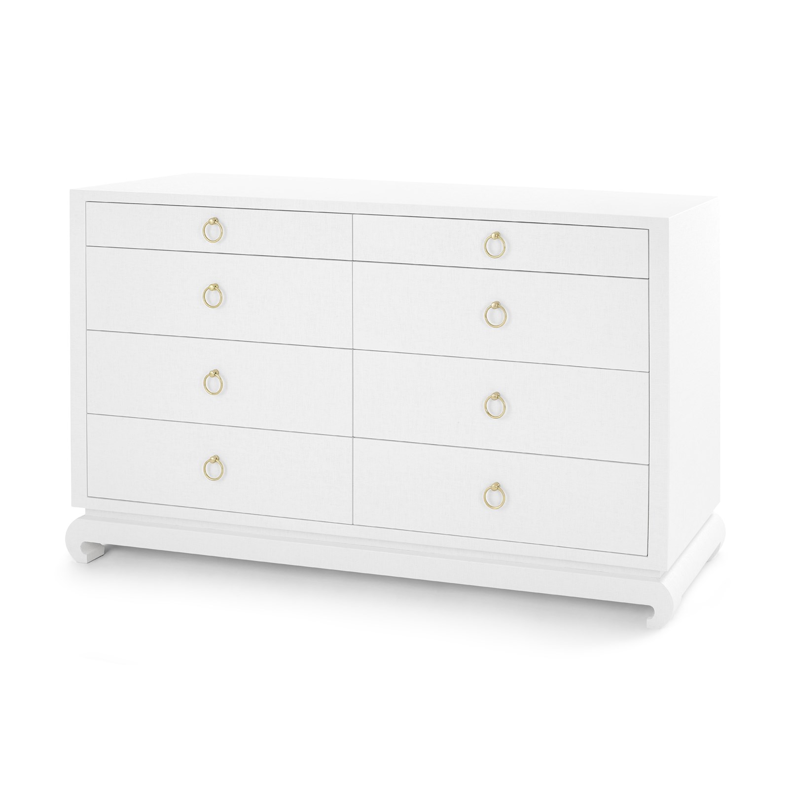 White dresser with brass handles and drawers featuring a grasscloth finish on the exterior and a stained interior presented in a side