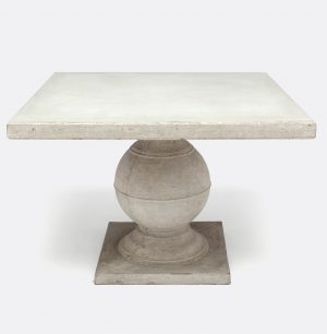 Bostwick Square Concrete Dining Table available in Aged Gray or Light Gray showcasing its handcrafted design with natural distressing and minor cracks