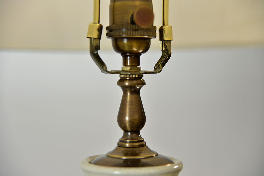Glazed ceramic egg lamp with thick wood base and cream linen shade, discontinued item limited stock available 1 in Dallas.