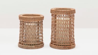 Two open weave rattan lanterns with glass inserts available in natural and small sizes priced at 298 for large and 258 for