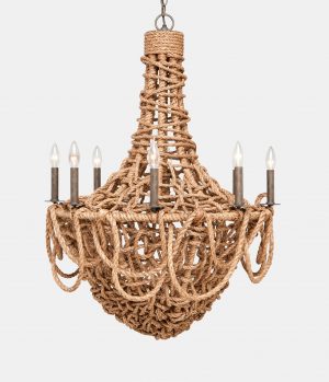 Large woven and draped rope chandelier with eight lights, featuring a rustic design made from abaca material.
