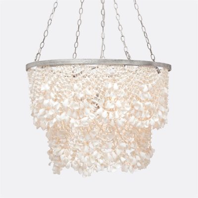 Silver metal chandelier with white shells hanging from a chain.