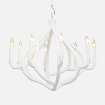 White gesso chandelier with a unique design featuring eight lights, set against a white background.