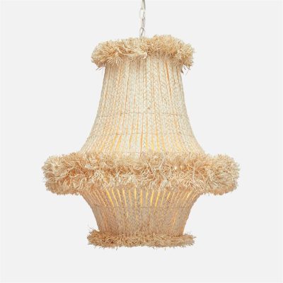 Lidor Raffia Chandelier with a straw-like texture and frayed ends, hanging from ceiling.