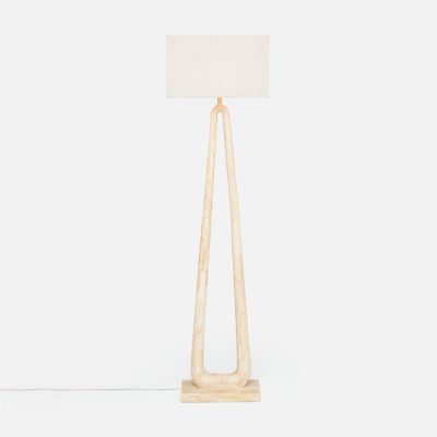 Wishbone stone floor lamp with a rectangular linen shade and 3-way switch featuring a light wood and stone design The lamp has