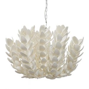 Wooden chandelier with off-white coco shell petal formation design hanging from a chain and canopy system featuring four 60 watt bulbs and