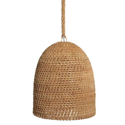 Rattan and rope pendant chandelier with inline switch, hanging from ceiling.