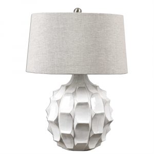 A silver table lamp with a spherical shade and a three-way switch, standing against a white background.
