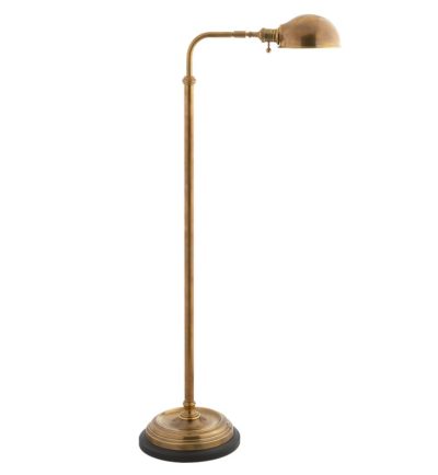 A brass floor lamp with a black base and a single light bulb.