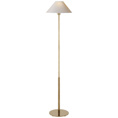 Harton floor lamp with a linen shade, available in brass, bronze or polished nickel finish.