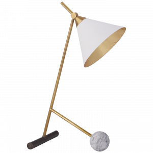 Kelly Wearstler Cleo Table Lamp in Bronze and Antique Burnished Brass Finish with a white shade keyless socket and 60 G wattage