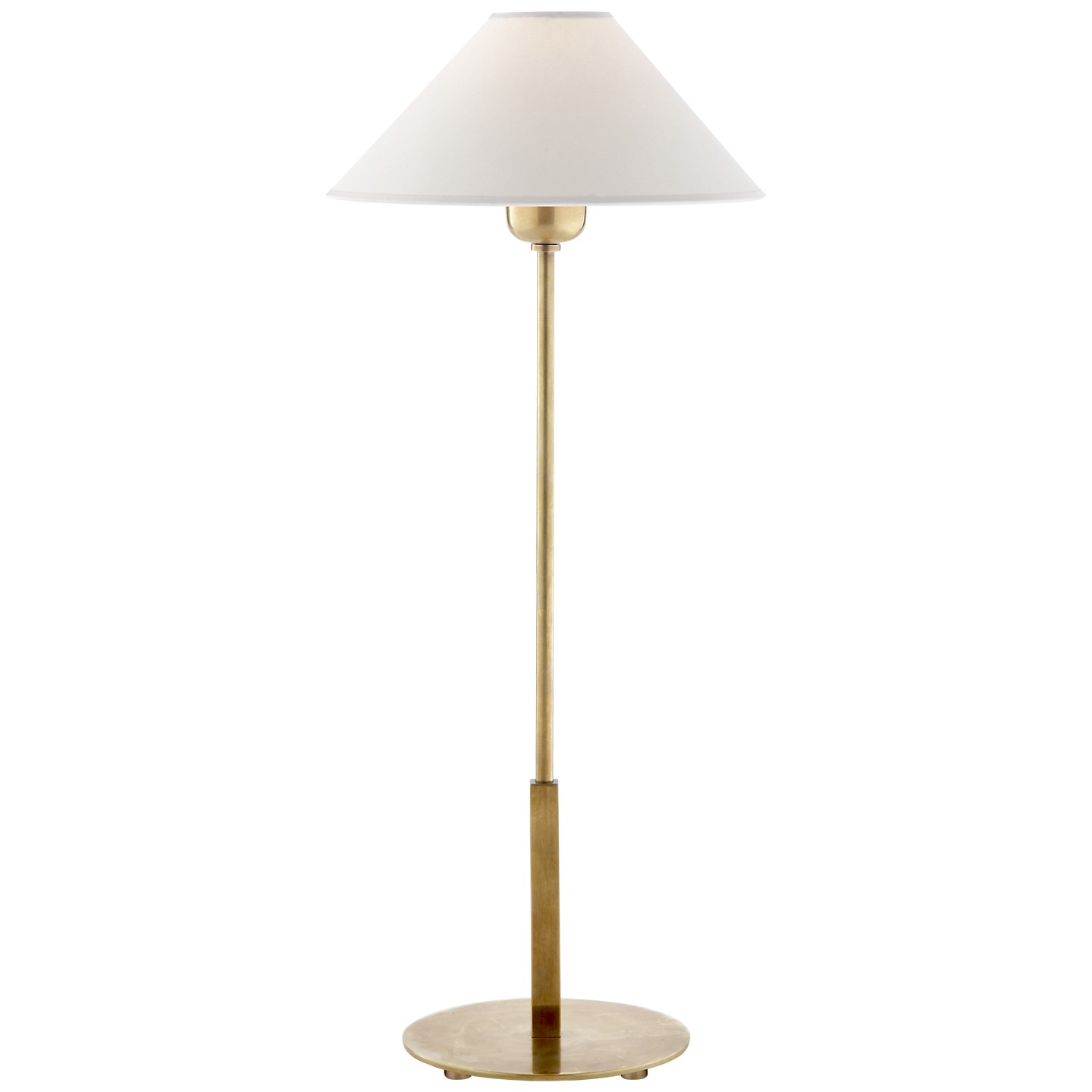 A modern table lamp with a gold base and a white shade, standing against a white background.
