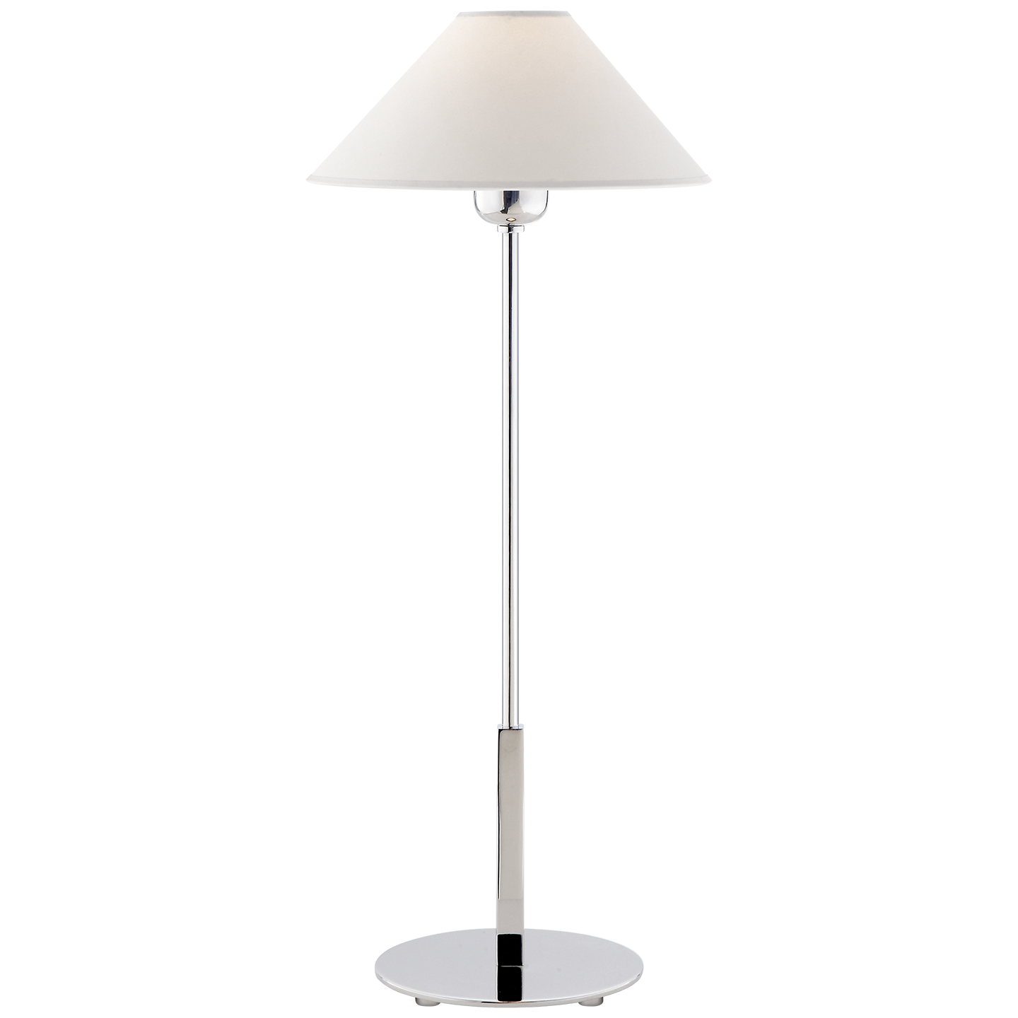 Harton table lamp with a natural paper shade, available in antiqued brass, polished nickel, and bronze socket.