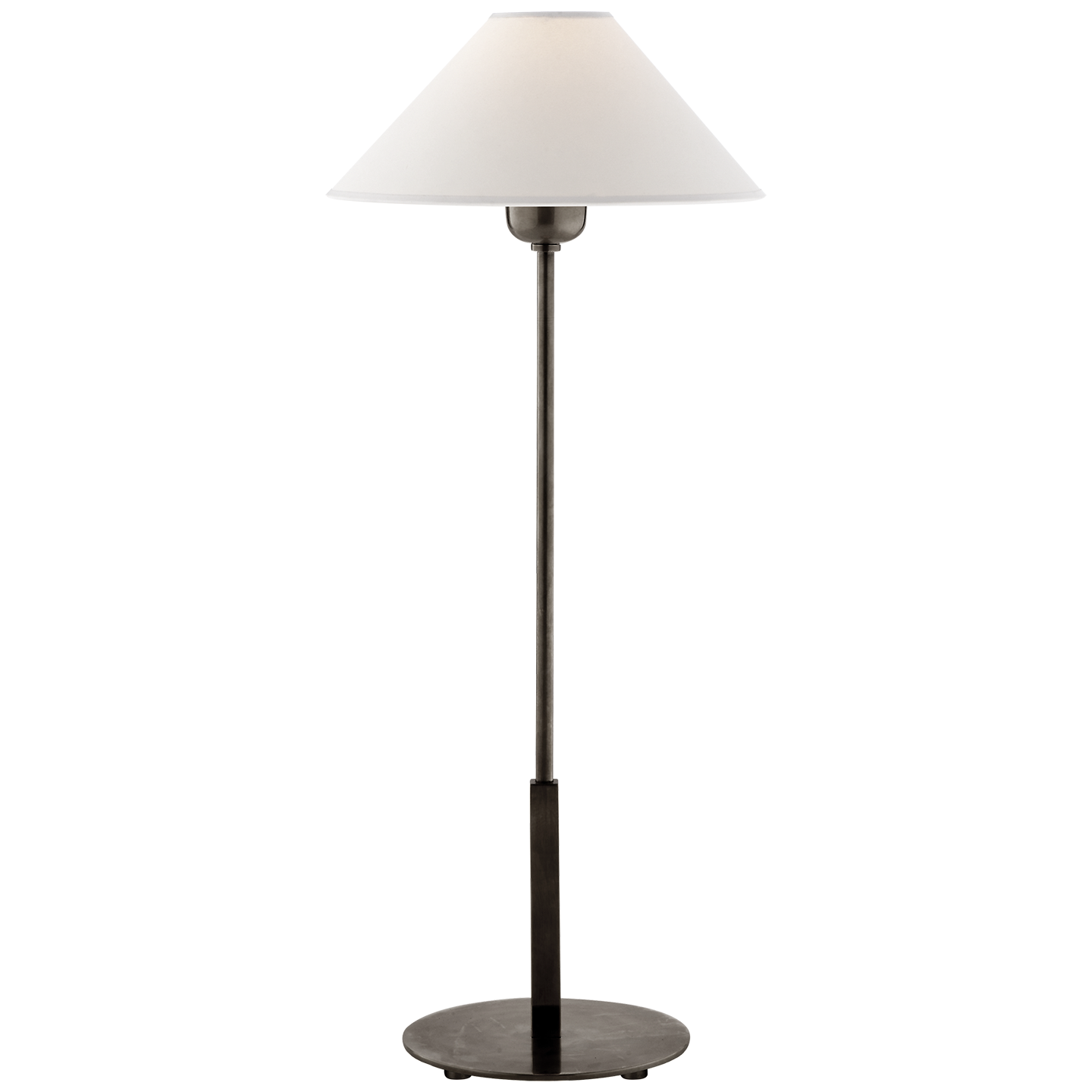 Harton table lamp with a natural paper shade available in antiqued brass polished nickel and bronze socket keyless with line switch wattage