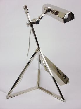 Esteban Display Lamp metal tripod table lamp with adjustable arm and head available in natural brass polished nickel or gunmetal finish on
