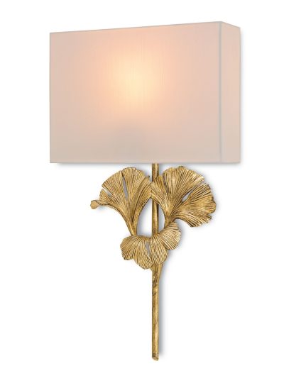 Gingko wall sconce with an off white shade and a gold frame