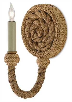 Twisted rope wall sconce with candle in holder, brown rope coiled around a brass candle holder, mounted on a white wall.