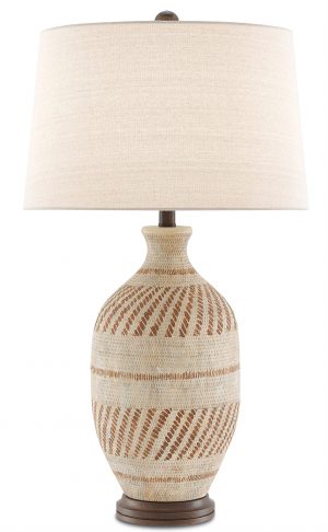 Tan and brown terracotta table lamp with wood base and flax linen shade in a close-up view.