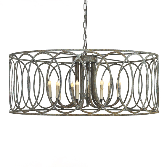 Large round iron chandelier with circle motif featuring a distressed finish and six lights suspended from a 6 chain and 9 cord
