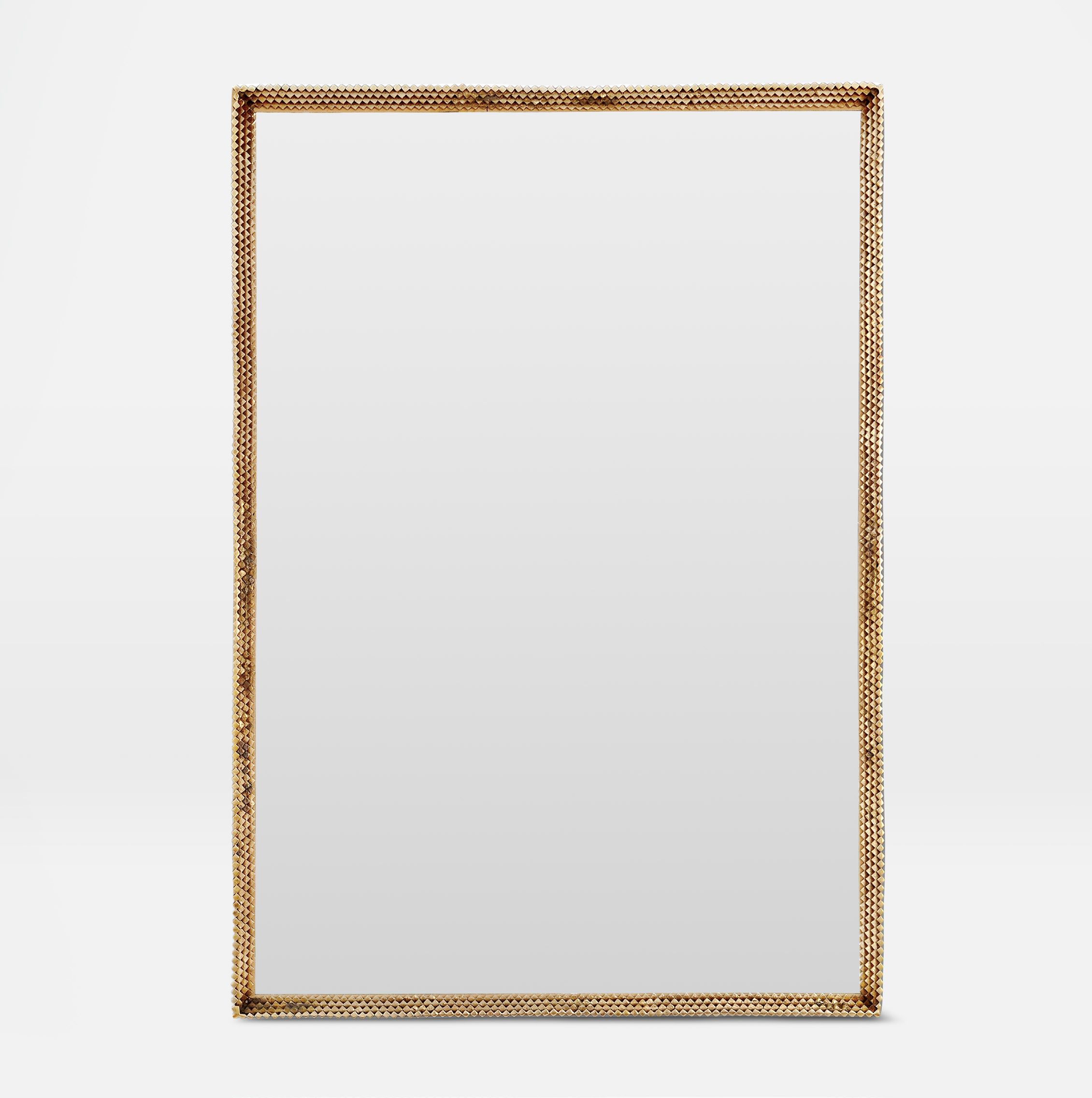 Metal Tramp Art Style Mirror with a leopard print frame available in antiqued silver or polished brass metal set against a white