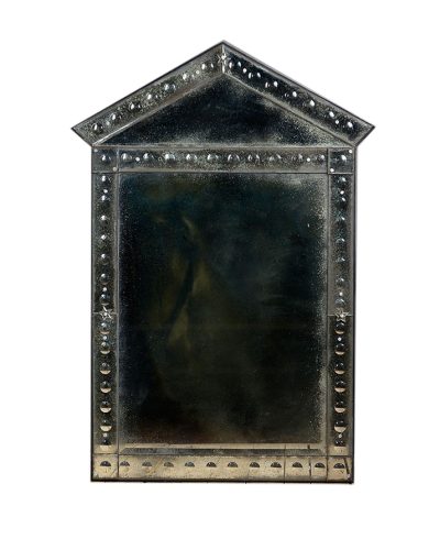 Angled top Venetian pediment Snider mirror with bubble decor showcasing a dark frame and a curved top design presented in a product