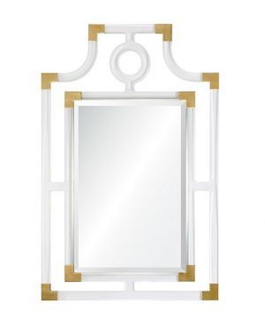 Acrylic and brass framed mirror with a rectangular shape and a gold border, featuring a central oval mirror pane.