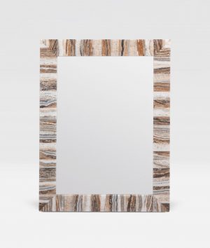 A large rectangular mirror with a marbled onyx frame, featuring intricate patterns and striations in shades of brown and black.