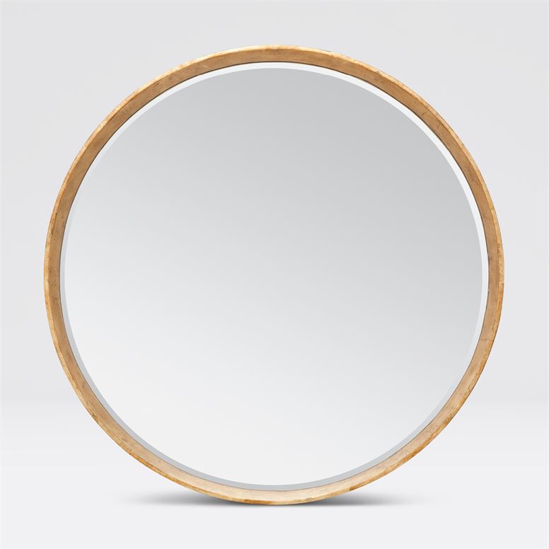 A round mirror with a wooden frame displayed against a white background.