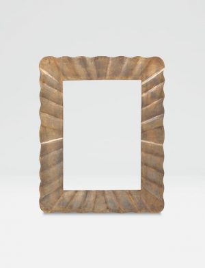 Rectangular mirror with a warm tin finish, featuring hints of bright gold and grey, set against a neutral background.