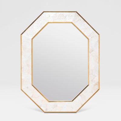 Large, octagonal wall mirror with a gold frame and a marbled design in the center.