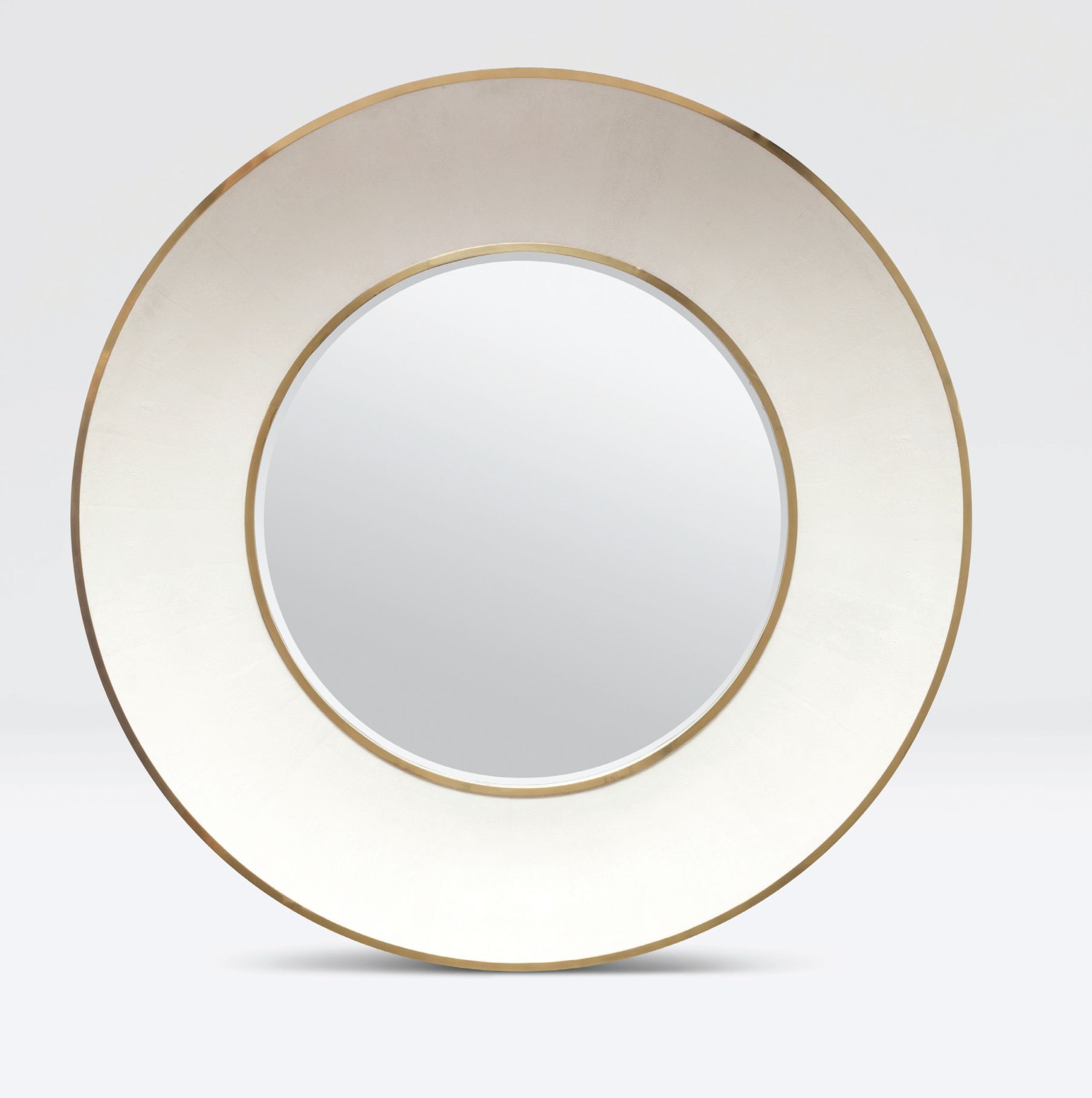 Round Robin Faux Shagreen Beveled Mirror with a silver trim, available in other colors and as a small 38" round mirror.