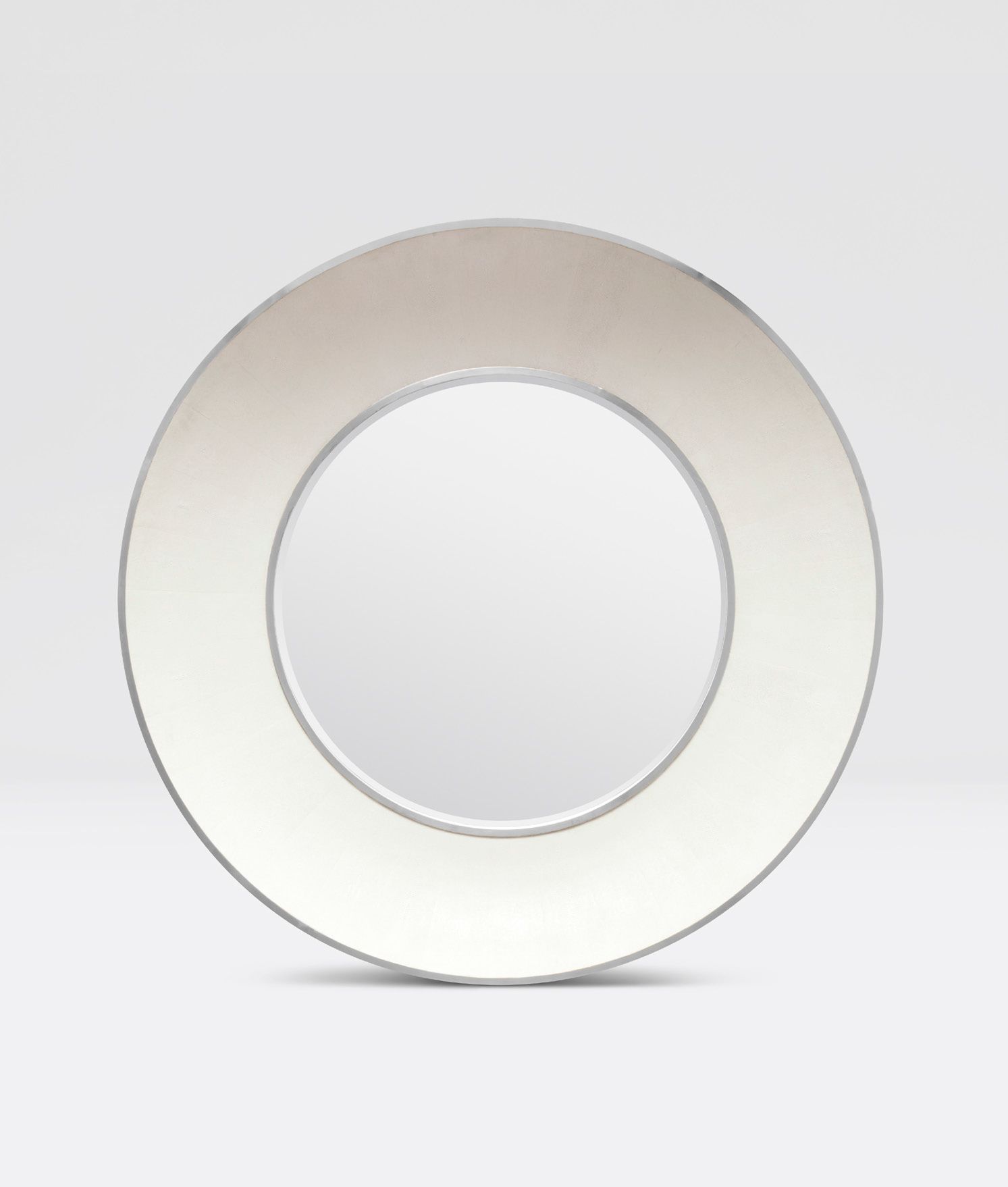 Round Robin Faux Shagreen Mirror with silver trim, available in other colors and as a small 38" version.